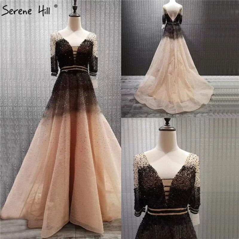On Sale no return no refundSale Dubai Luxury Half Sleeves A-Line Evening Dresses Black Backless Tulle Sexy Evening Gowns 2024 Serene Hill LA60808