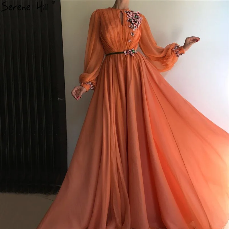 Latest Peach Lantern Long Sleeves Evening Dresses Design 2024 Flowers Diamond A-Line Formal Dress Serene Hill LA70022 Latest Peach Lantern Long Sleeves Evening Dresses Design 2024 Flowers Diamond A-Line Formal Dress Serene Hill LA70022