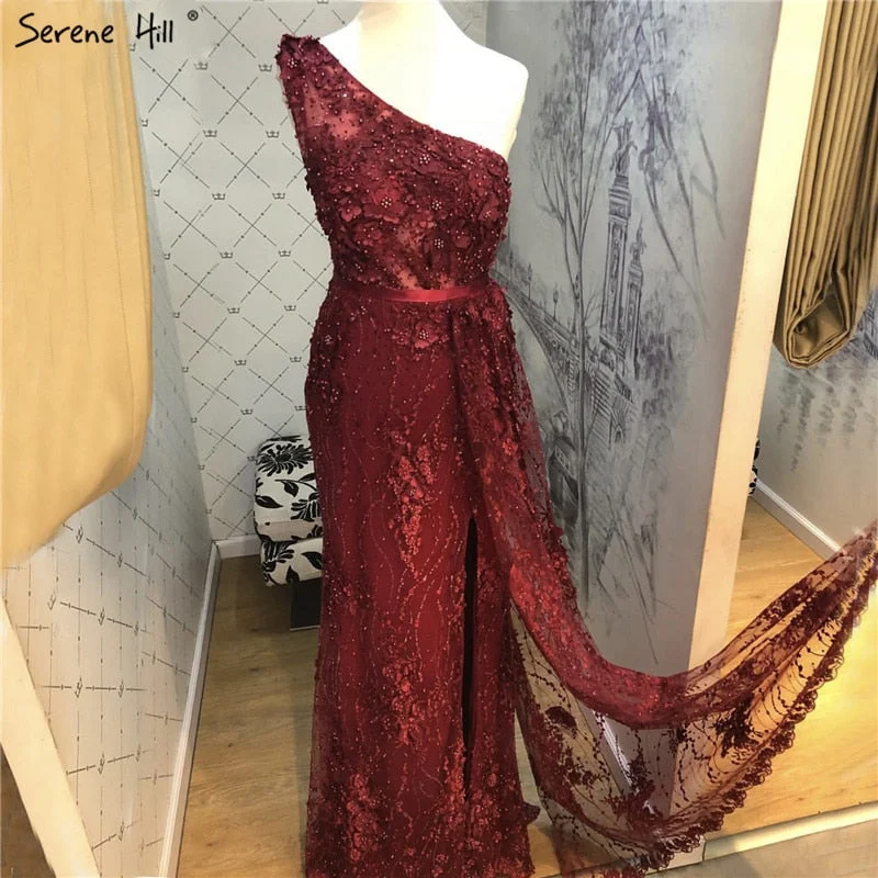 Wine Red Handmade Flowers Pearls Evening Dresses One-Shoulder Sexy Luxury Evening Gowns 2024 Serene Hill LA60901 Wine Red Handmade Flowers Pearls Evening Dresses One-Shoulder Sexy Luxury Evening Gowns 2024 Serene Hill LA60901