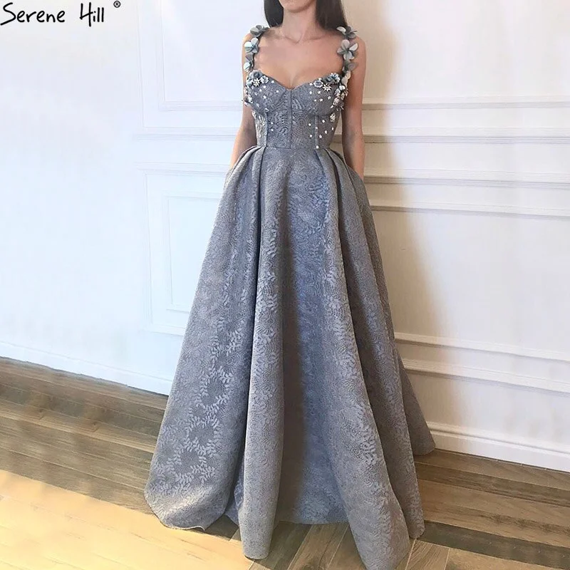On Sale No Return No Refund Sale 2024 Grey Sequined Flowers Lace Evening Dresses New Sexy Sleeveless Fashion Beach Evening Gowns Serene Hill LA6539