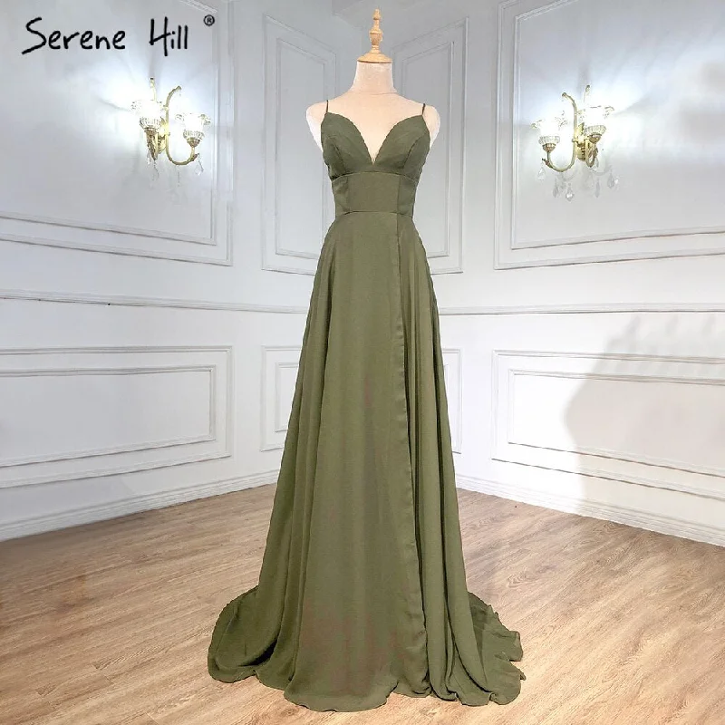 Serene Hill Olive Green Satin Evening Dresses Gowns 2024 Spaghetti Strap Simple For Women Party LA71298 Serene Hill Olive Green Satin Evening Dresses Gowns 2024 Spaghetti Strap Simple For Women Party LA71298