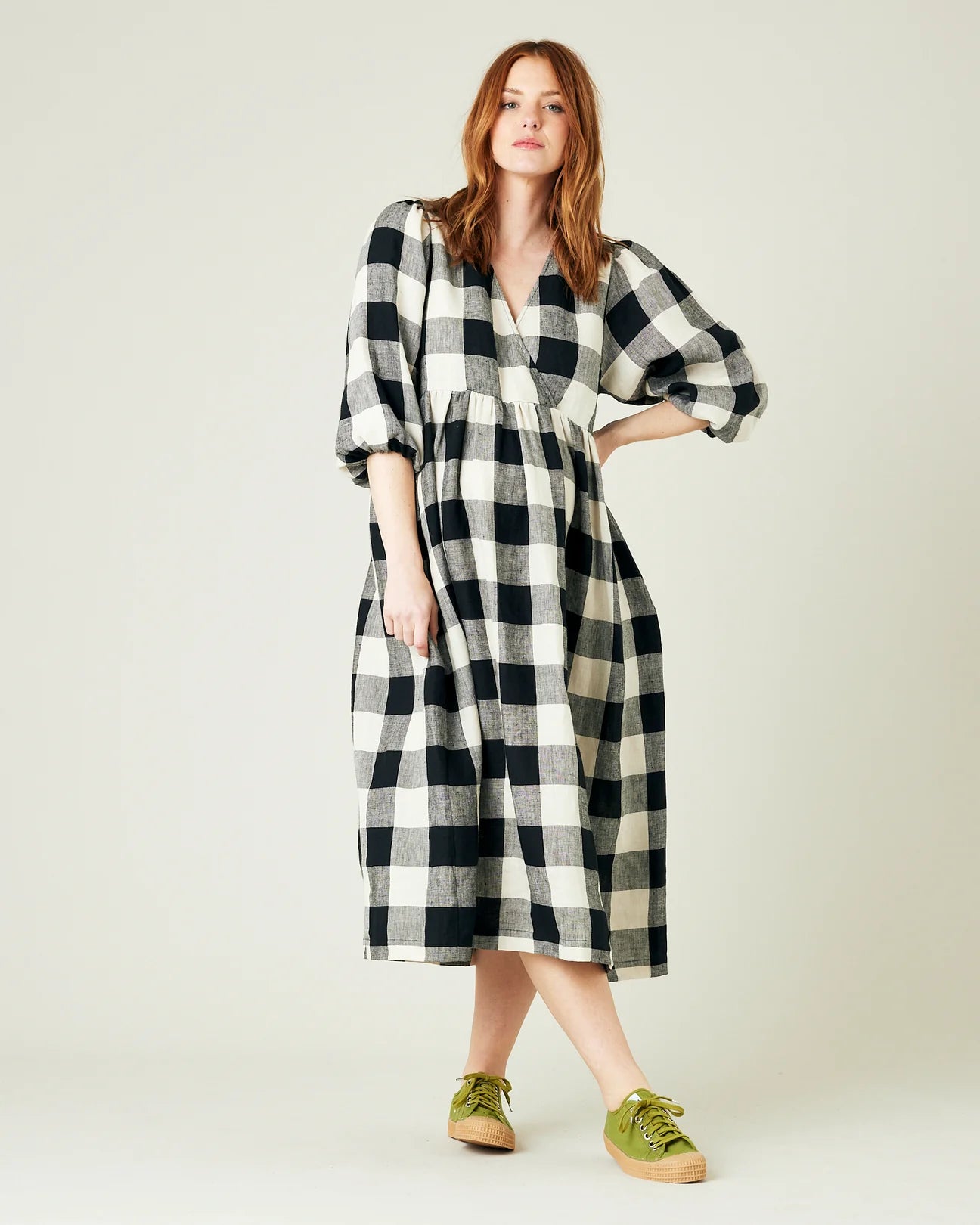 Abbie Linen Dress - Stone Black Mega Check