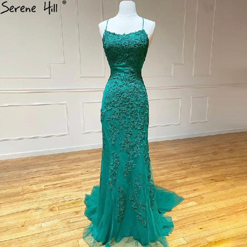 Serene Hill Green Spaghetti Strap Mermaid Prom Dresses 2024 Crystal Lace Elegant Graduation School Party Gown LA71162