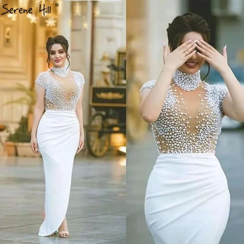 White Short Sleeves Mermaid Evening Dresses Design 2024 High Neck Pearls Beading Evening Gowns Serene Hill LA70207