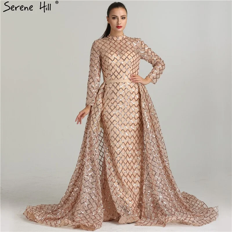 On Sale No Return No Refund Vintage Long Sleeve Luxury Sparkly Evening Dresses 2024 Sequined High Neck Fashion Tulle Evening Gowns Vestidos De Festa LA6414