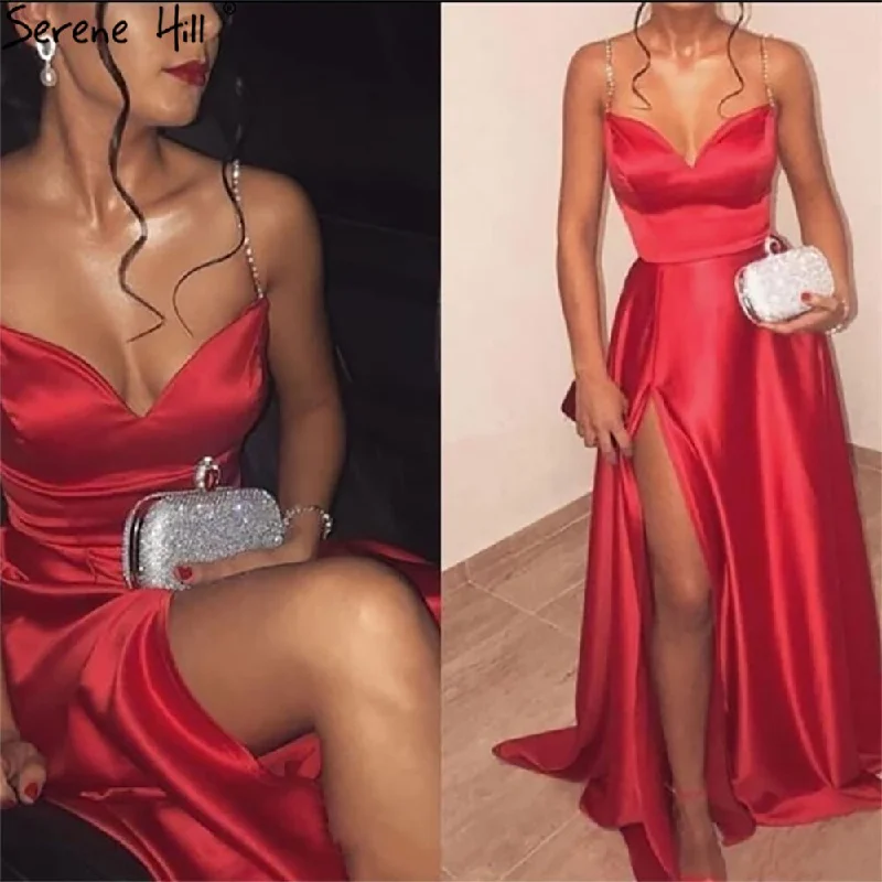 Serene Hill Red Spaghetti Strap Sexy Evening Dresses 2024 Soft Satin High Split A-Line For Women Party LA71208 Serene Hill Red Spaghetti Strap Sexy Evening Dresses 2024 Soft Satin High Split A-Line For Women Party LA71208