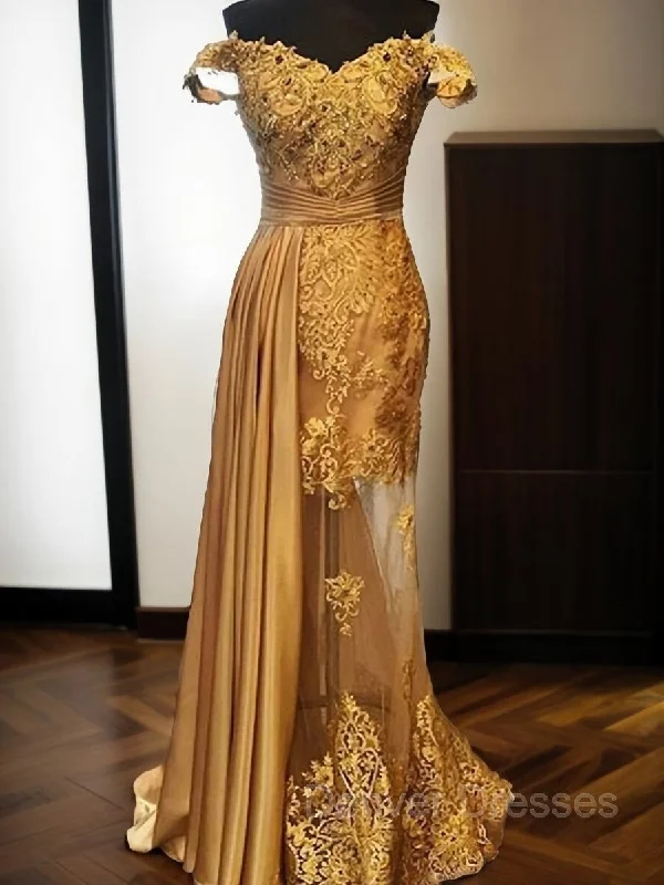 Sheath/Column Off-the-Shoulder Sweep Train Elastic Woven Satin Prom Dresses With Appliques Lace Sheath/Column Off-the-Shoulder Sweep Train Elastic Woven Satin Prom Dresses With Appliques Lace