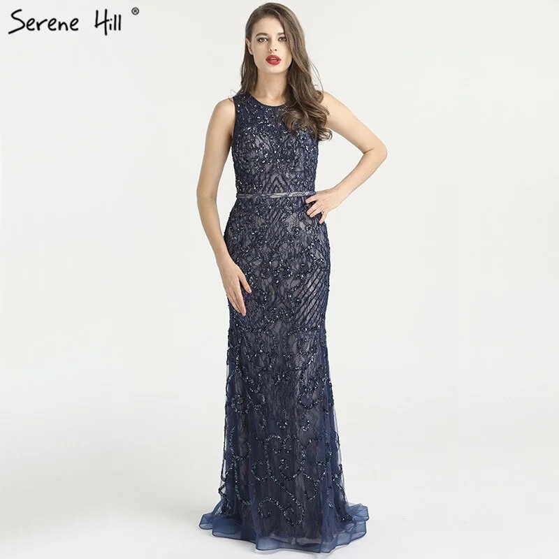 On Sale No Return No Refund  Serene Hill Arabic Blue Sleeveless Mermaid Luxury Evening Dresses Gowns 2024 Lace Beaded Elegant For Woman Wedding Party LA6358