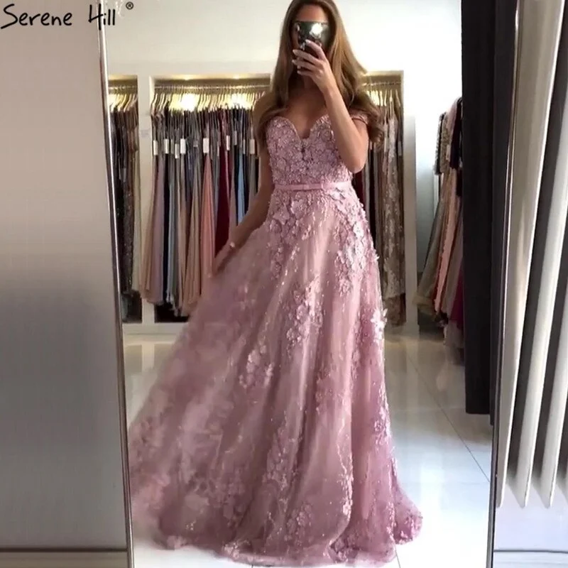 On Sale no return no refund Sale Pink Sweetheart Sexy A-Line Evening Dresses 2024 Lace Flower Pearl Off Shoulder Evening Gowns Serene Hill LA70180