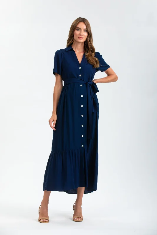 Emma Botton down tie dress in Navy