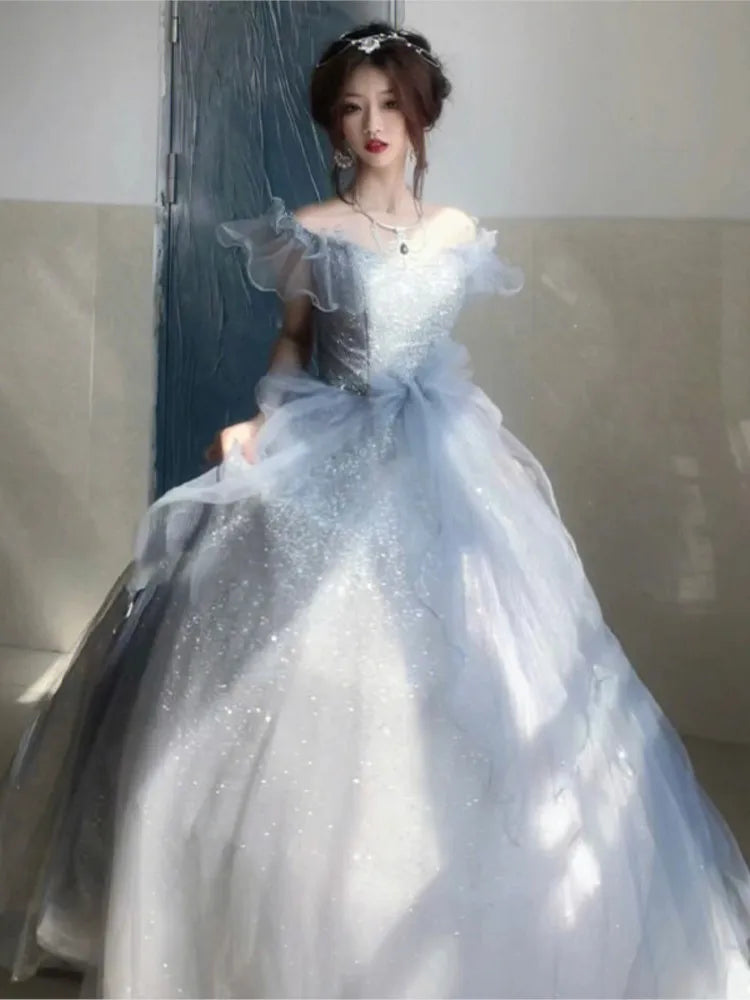 Cinessd 2025 Women Blue Tulle Layered Prom Dresses Slash Neck Flying Sleeve Quinceanera Dresses Female Long Evening Gowns Cinessd 2025 Women Blue Tulle Layered Prom Dresses Slash Neck Flying Sleeve Quinceanera Dresses Female Long Evening Gowns