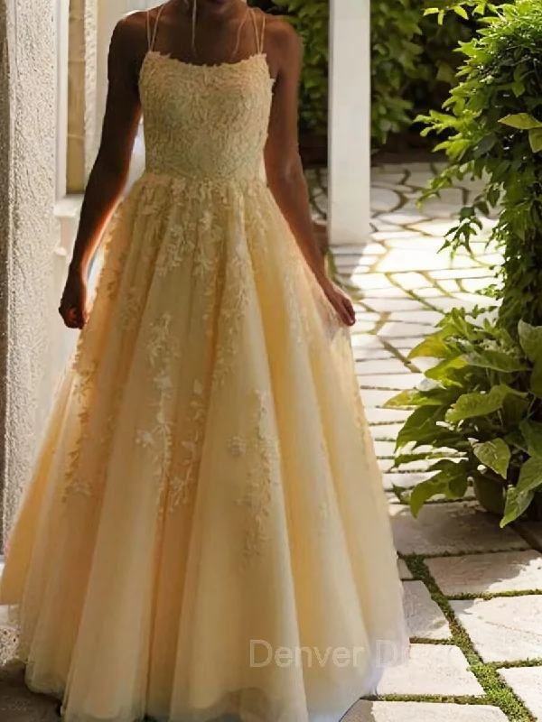 A-Line/Princess Spaghetti Straps Floor-Length Tulle Prom Dresses With Appliques Lace A-Line/Princess Spaghetti Straps Floor-Length Tulle Prom Dresses With Appliques Lace