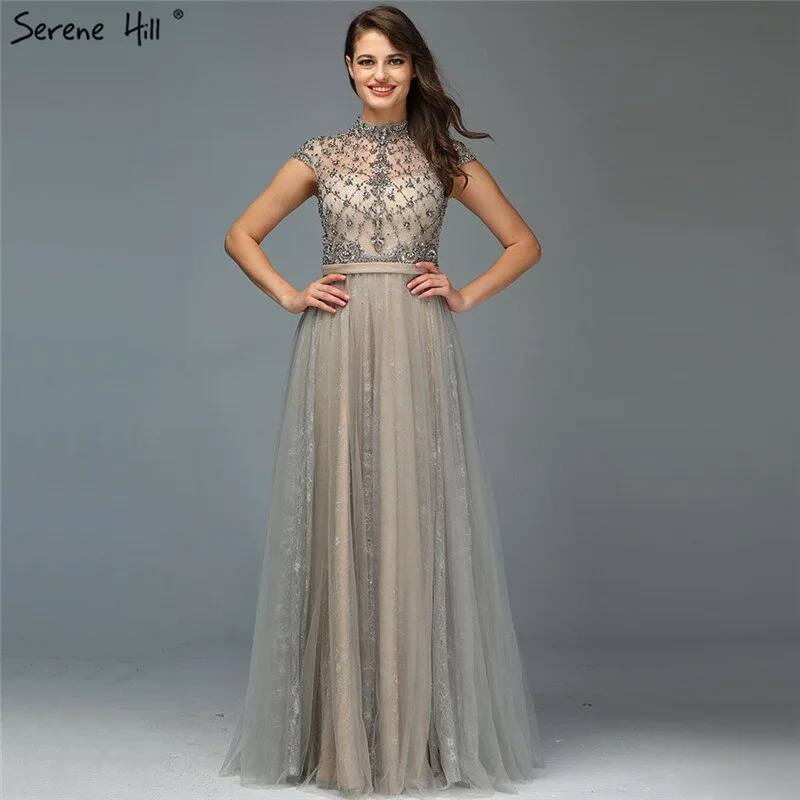 Dubai Grey High-end O-Neck Sexy Evening Dresses 2024 Sleeveless A-Line Diamond Beading Formal Dress Real Photo LA70142