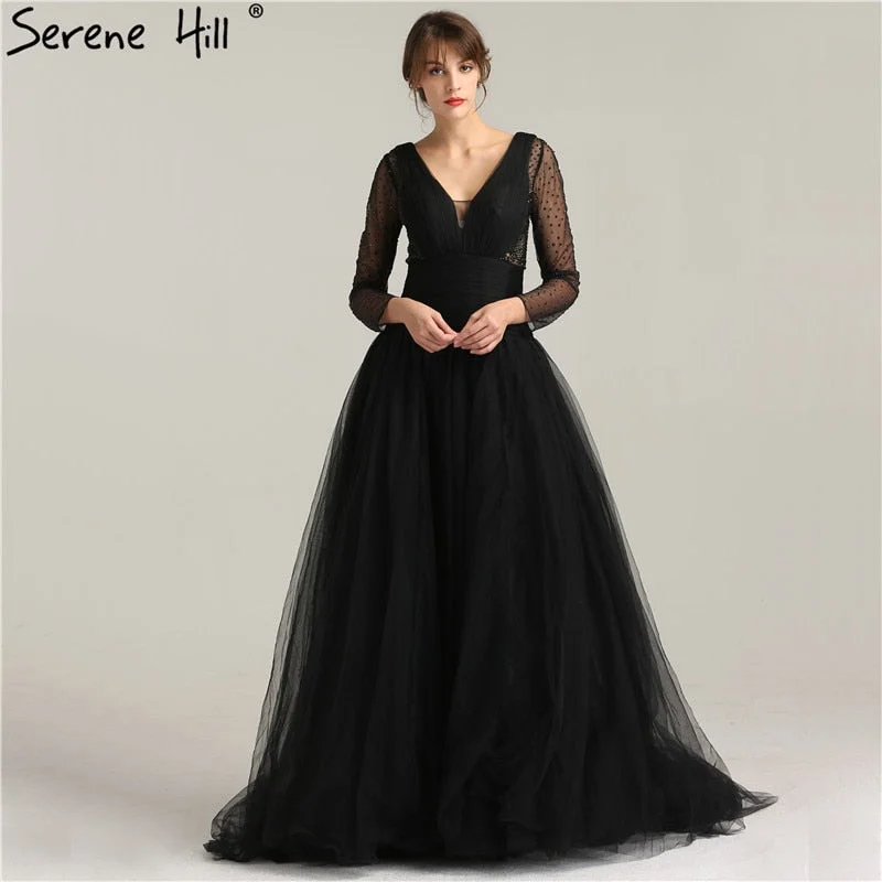 Black V-Neck Tulle Prom Dresses Long Sleeves Crystal A-Line Evening Party Gowns LA6273 Black V-Neck Tulle Prom Dresses Long Sleeves Crystal A-Line Evening Party Gowns LA6273