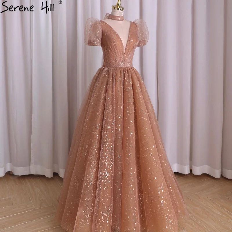 Serene Hill Rose Pink A-Line Evening Dresses Gowns 2024 Short Sleeves Sexy For Women Wedding Party LA70599