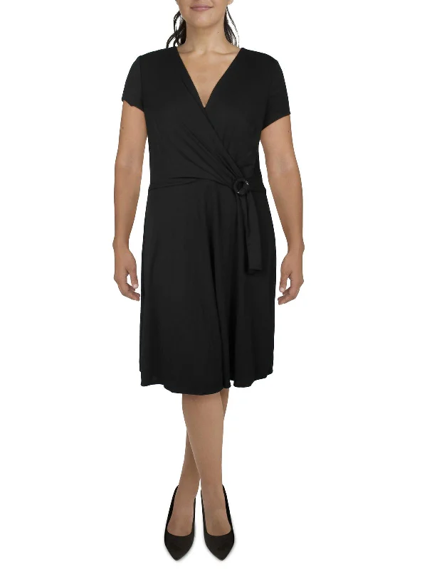 Womens Midi Faux-Wrap Shift Dress