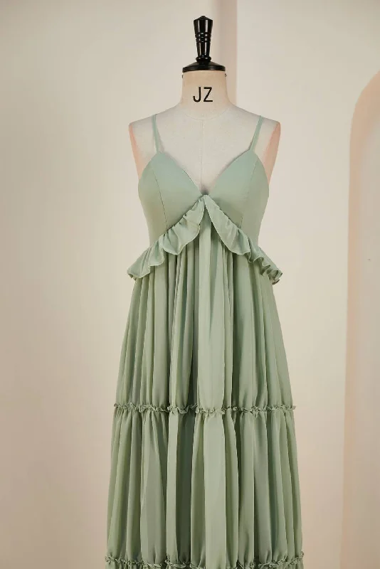 Sage Lace-Up Deep V Neck Ruffled Empire Long Prom Dress
