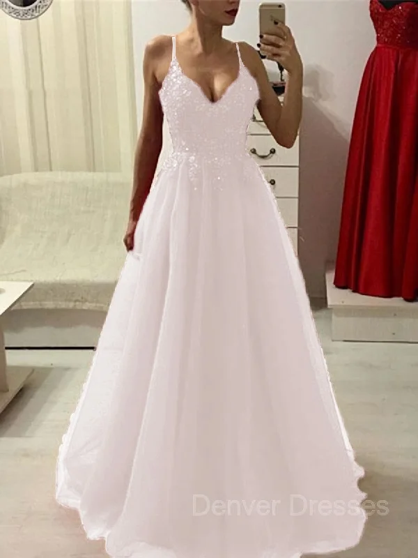 A-Line/Princess Spaghetti Straps Floor-Length Tulle Prom Dresses With Appliques Lace A-Line/Princess Spaghetti Straps Floor-Length Tulle Prom Dresses With Appliques Lace
