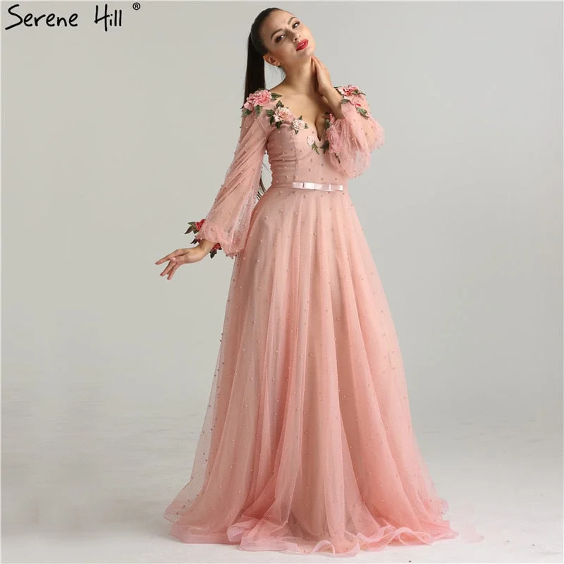 Princess Sexy Fashion Lantern sleeve Peach Pink Glitter Pearls Flower A-line Evening Dresses Fashion Design Style LA6342 Princess Sexy Fashion Lantern sleeve Peach Pink Glitter Pearls Flower A-line Evening Dresses Fashion Design Style LA6342