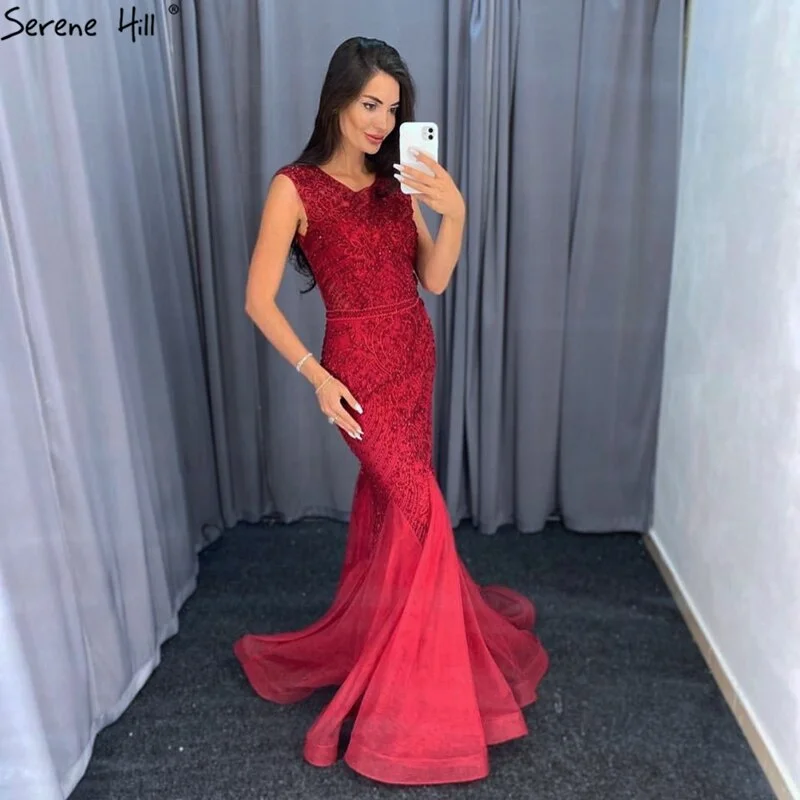 Wine Red Dubai Crystal O-Neck Evening Dresses Mermaid Sleeveless Luxury Formal Dress Real Photo LA60980 Wine Red Dubai Crystal O-Neck Evening Dresses Mermaid Sleeveless Luxury Formal Dress Real Photo LA60980