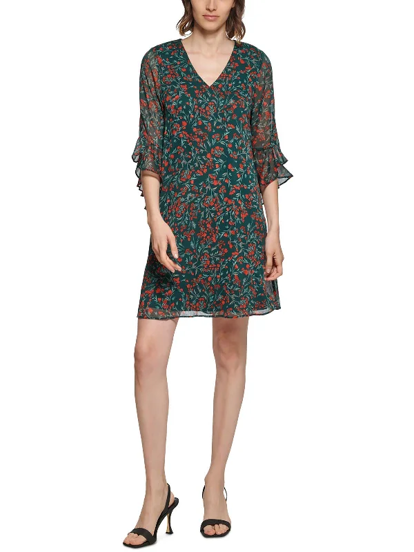 Womens Floral Print Chiffon Shift Dress