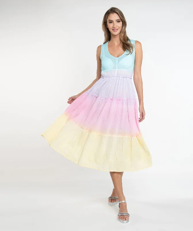Pastel Rainbow Crinkle Cotton Midi Sun Dress