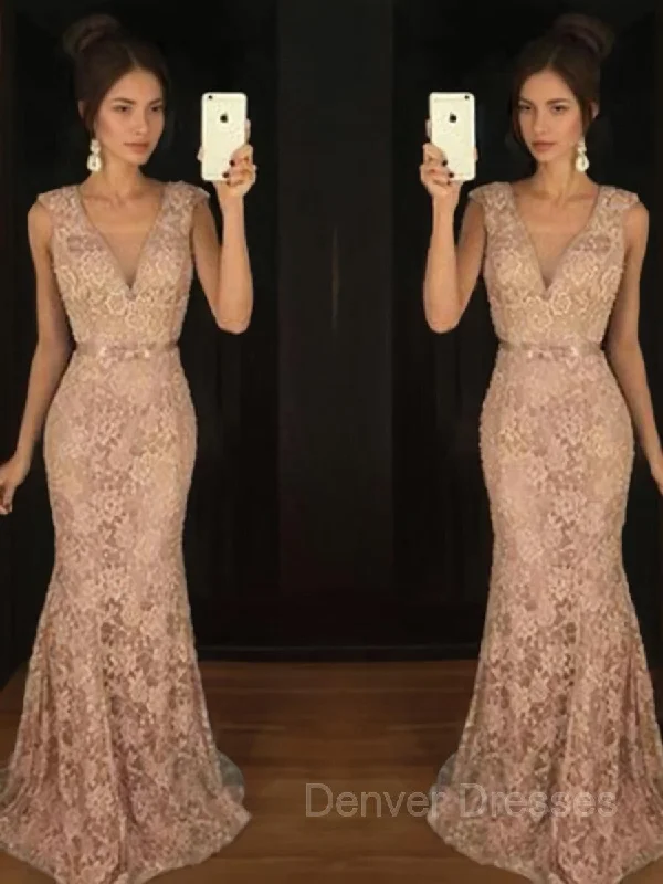 Trumpet/Mermaid V-neck Sweep Train Lace Prom Dresses With Belt/Sash