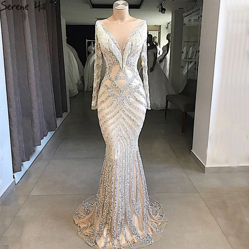 On Sale no return no refundSale Nude Slim Mermaid Luxury Evening Dresses Long Sleeves Beading Tassel Fashion LA6594 On Sale no return no refundSale Nude Slim Mermaid Luxury Evening Dresses Long Sleeves Beading Tassel Fashion LA6594