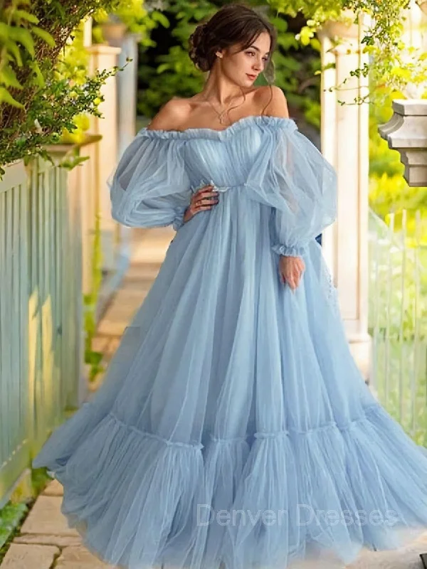 A-Line/Princess Off-the-Shoulder Floor-Length Tulle Prom Dresses With Appliques Lace A-Line/Princess Off-the-Shoulder Floor-Length Tulle Prom Dresses With Appliques Lace