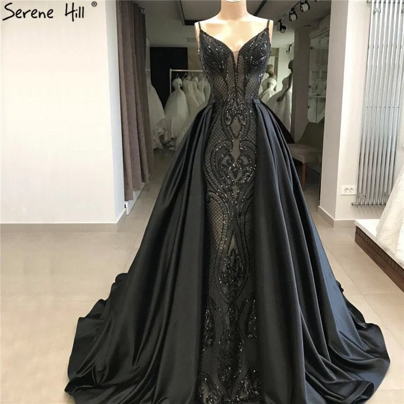 Black  V-Neck Sexy Sparkle 2024 Evening Dresses Dubai Design Sequined Sleeveless Evening Gowns Real Photo LA60727