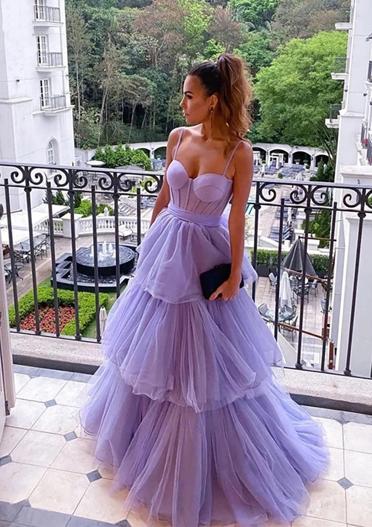 Serene Hill 2024 Arabic Lilac A-Line Spaghetti Straps Long Tulle Prom Dress with Ruffles for Women's Party LA72681