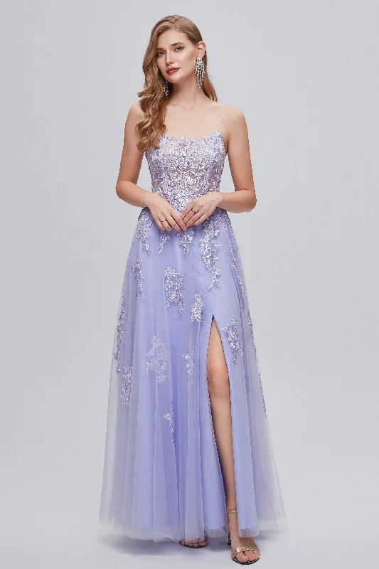 Lilac Appliques Lace-Up A-Line Long Prom Dresses with Slit