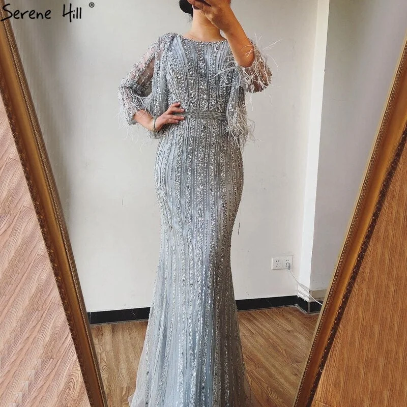 Sale Serene Hill Grey Mermaid Long Sleeves Diamond Beaded Luxury Dubai Evening Dresses Gowns For Women Party 2024 LA70503 Sale Serene Hill Grey Mermaid Long Sleeves Diamond Beaded Luxury Dubai Evening Dresses Gowns For Women Party 2024 LA70503