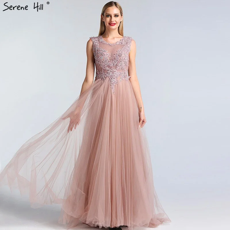Pink O-Neck Pearls Crystal Sexy Evening Dresses A-Line Sleeveless Tulle Formal Dress 2024 Serene Hill LA60981