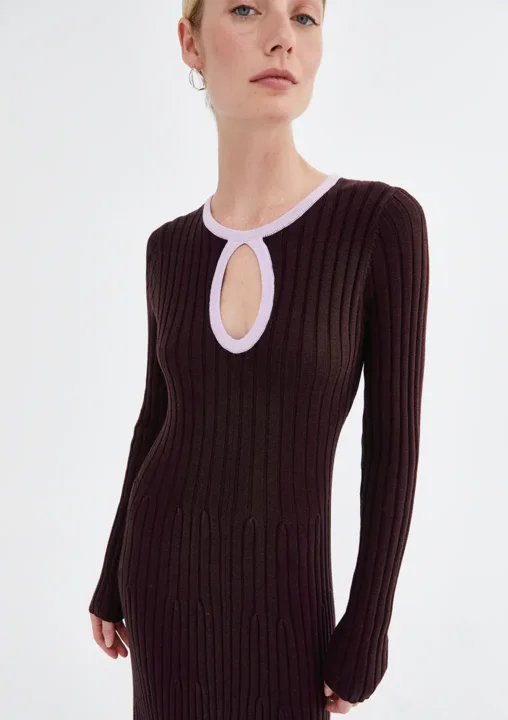 Joni Knit Dress - Brown with lilac trim
