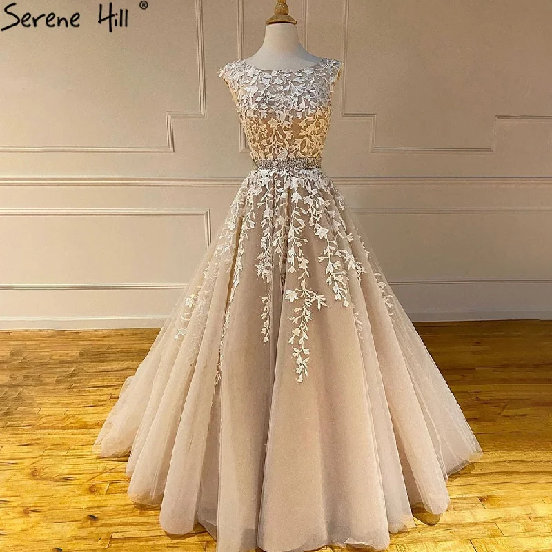 Serene Hill Champagne A-Line Sexy Prom Dresses 2024 Beaded Lace  Flower Graduation School Party Gowns LA71177