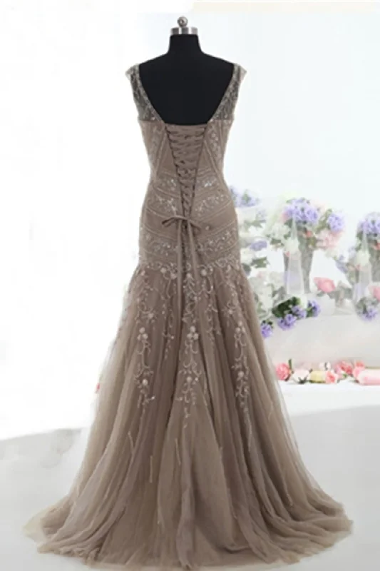 Mermaid Lace Up Brown Tulle Modest Beading V Neck Prom Dresses