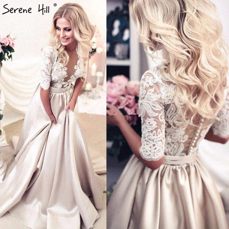 Half Sleeves Satin Sexy Prom Dresses Long  Lace Beading Deep-V HA2100