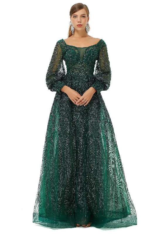 A-Line Square Neckline Sequined Floor-Length Long Sleeve Open Back Appliques Lace Prom Dresses A-Line Square Neckline Sequined Floor-Length Long Sleeve Open Back Appliques Lace Prom Dresses