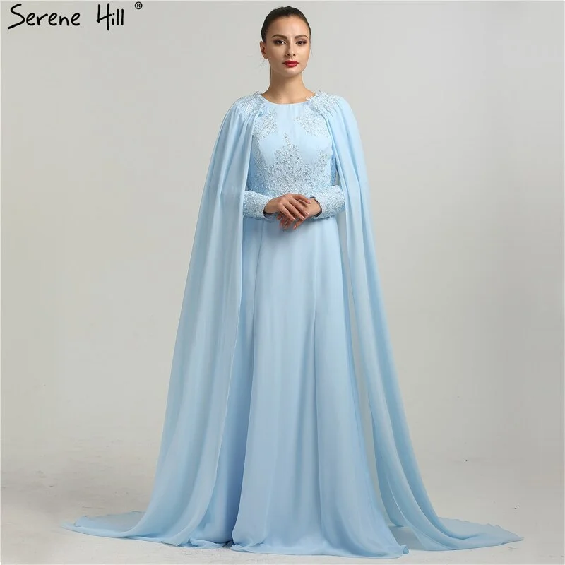 On Sale No Return No Refund Long Sleeves Fashion Beach Evening Dresses Appliques Pearls With Cap Chiffon Evening Gowns 2024 New Serene Hill HA2134