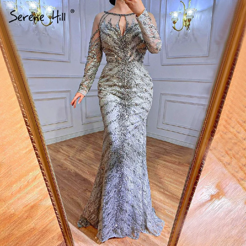 Serene Hill Musliim Grey Mermaid Evening Dresses 2024 Lace Beading Crystal Elegant For Women Party LA71131 Serene Hill Musliim Grey Mermaid Evening Dresses 2024 Lace Beading Crystal Elegant For Women Party LA71131