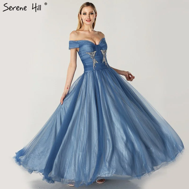 On Sale no return no refundSale Blue Off Shoulder Sexy Ball Gowns Evening Dresses 2024 Tulle Beading Crystal Sleeveless Evening Gowns Serene Hill LA6678
