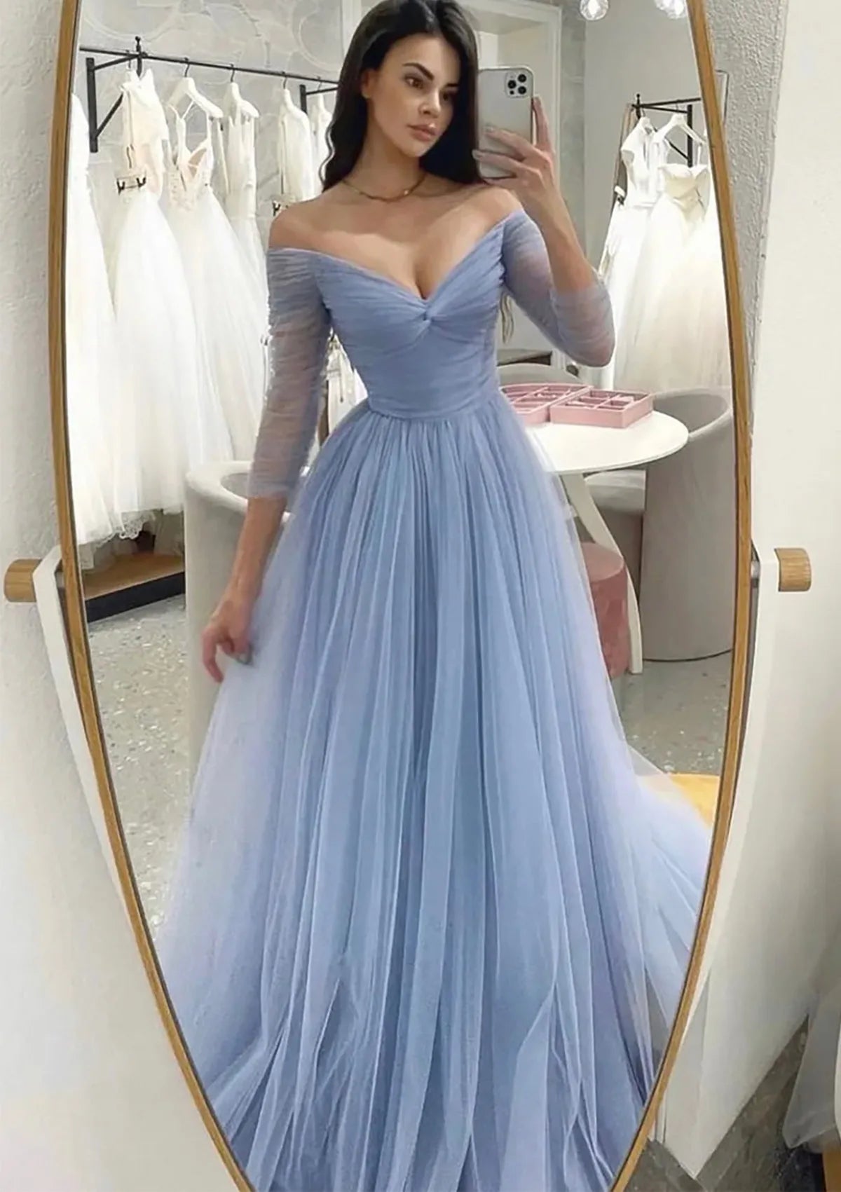 Serene Hill 2024 Arabic Blue A-Line Off-the-Shoulder Tulle Prom Dress with Pleats for Women's Party LA72690 Serene Hill 2024 Arabic Blue A-Line Off-the-Shoulder Tulle Prom Dress with Pleats for Women's Party LA72690