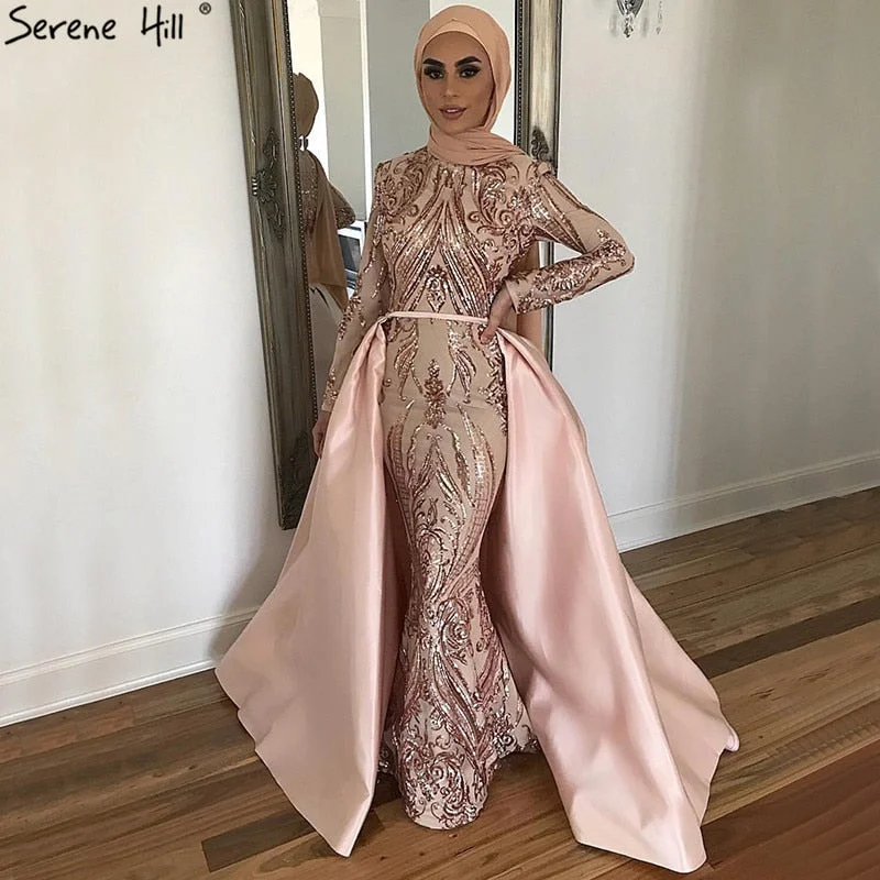 Dubai Peach Luxury Mermaid Vintage Evening Dress Sequined Long Sleeves With Train Evening Gowns 2024 Serene Hill LA6613