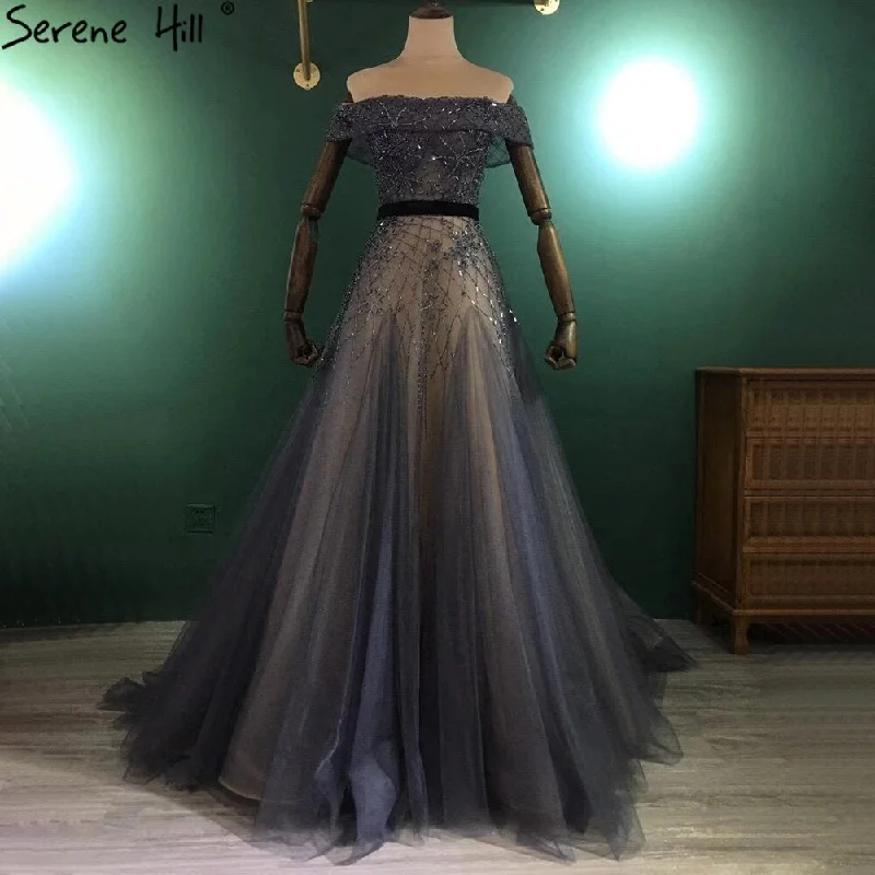 Serene Hill Luxury Blue A-Line Evening Dresses Gowns 2024 Beaded Bling Off Shoulder For Women Party LA71192