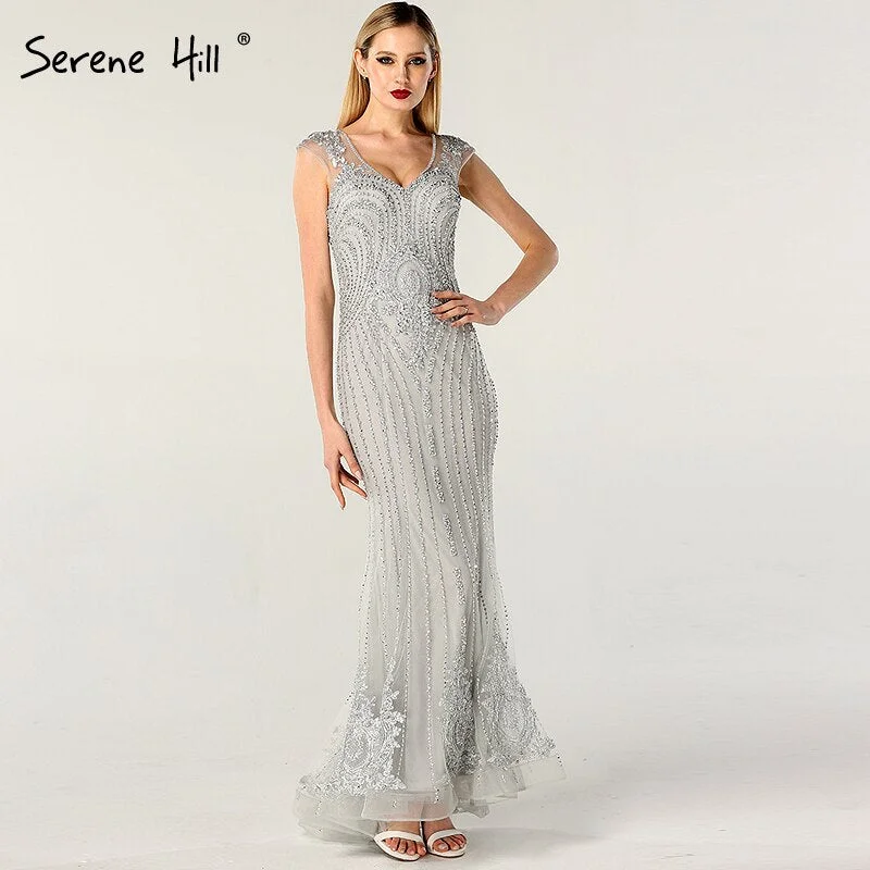 On Sale no return no refundSale Dubai Design Grey V-Neck Luxury Evening Dresses Beading Pearls Cap Sleeve Sexy Evening Gowns 2024 Serene Hill LA60821 On Sale no return no refundSale Dubai Design Grey V-Neck Luxury Evening Dresses Beading Pearls Cap Sleeve Sexy Evening Gowns 2024 Serene Hill LA60821