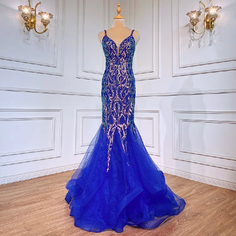 Serene Hill Blue Elegant Mermaid Sexy Backless Spaghetti Straps Beaded Luxury Arabic Evening Dresses Gowns For Women Party LA71791 Serene Hill Blue Elegant Mermaid Sexy Backless Spaghetti Straps Beaded Luxury Arabic Evening Dresses Gowns For Women Party LA71791
