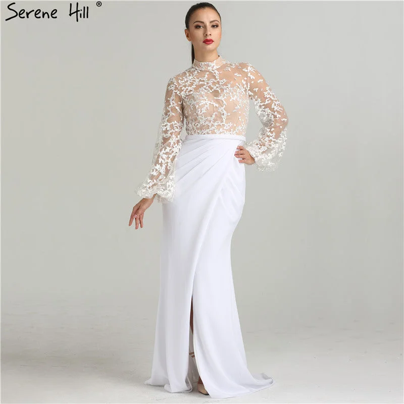 White Long Sleeves Evening Dresses Fashion Illusion Mermaid LA6303