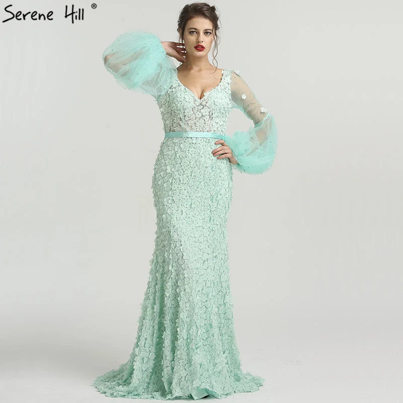 On Sale No Return No Refund  V-Neck Long Sleeves Mermaid Evening Dresses Flowers Pearls Fashion LA6514