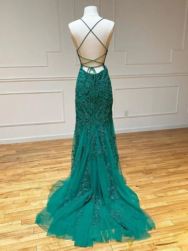 Long Mermaid Strapless Tulle Open Back Lace Formal Prom Dresses